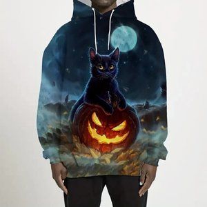New Men's Halloween Style Hoodie Drawstrings Cat pattern, Blue Multicolor- L